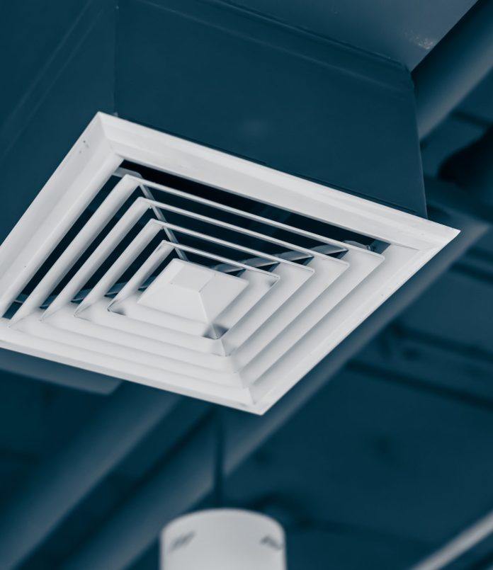 square air conditioning in office. air duct pipe hole grill for wind flow spreader