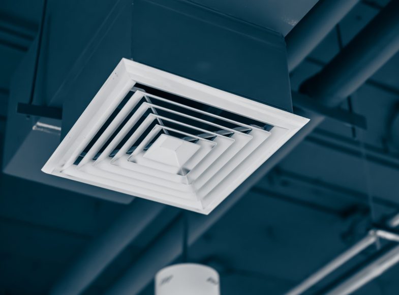 square air conditioning in office. air duct pipe hole grill for wind flow spreader